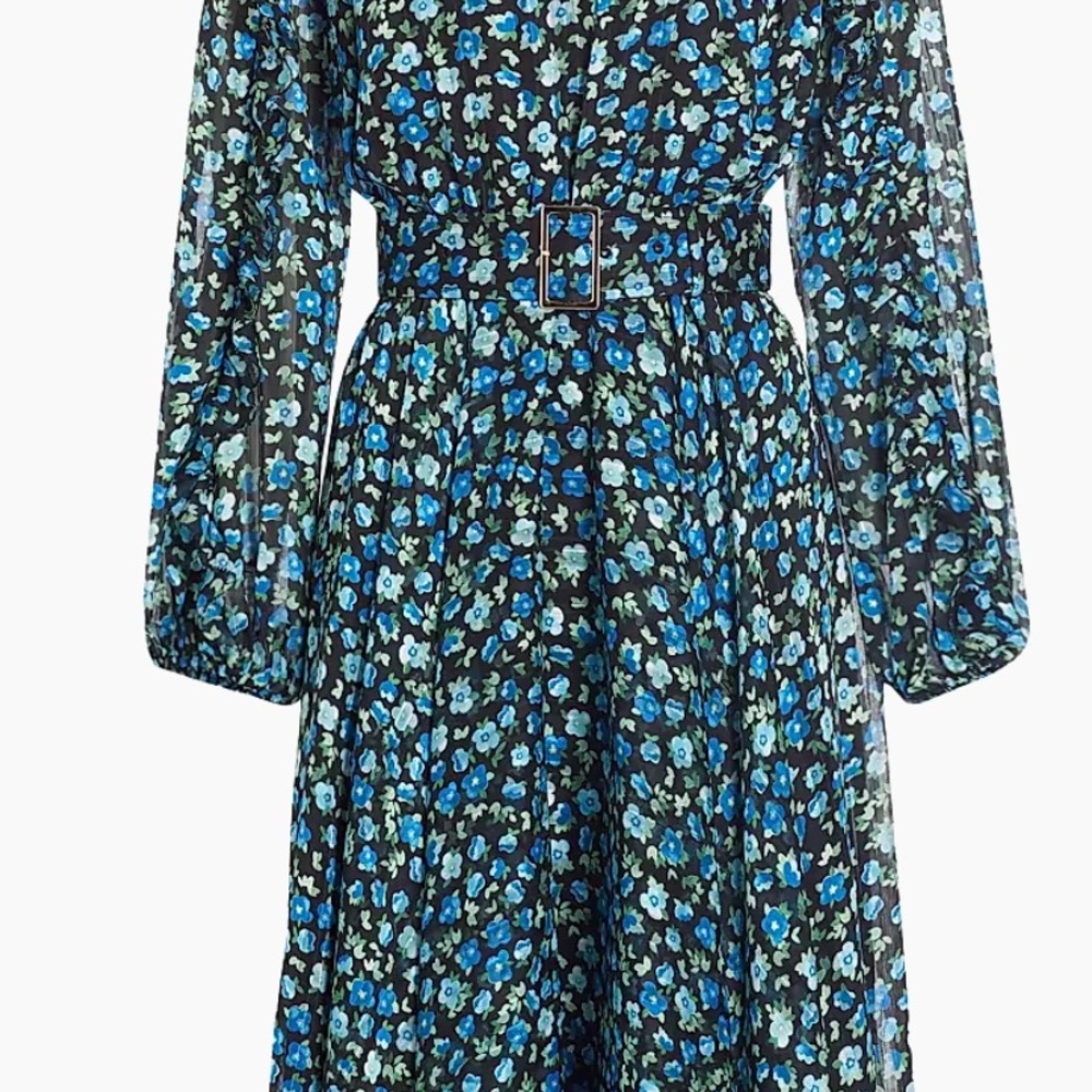 Elie Tahari Floral Long Sleeve Dress in Blue and Black